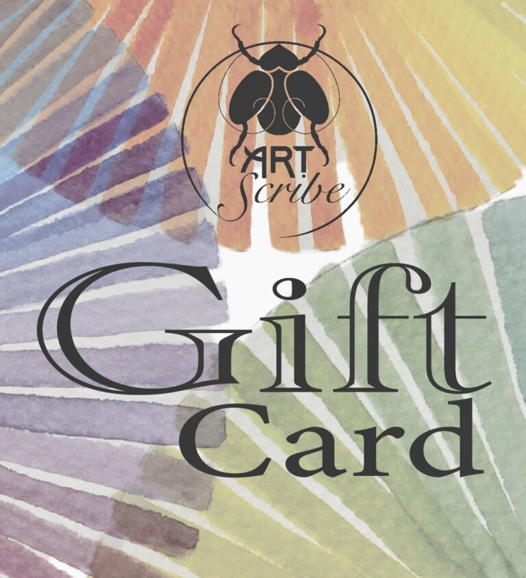 Words gift card and logo placed over various colours of handmade watercolour paint.