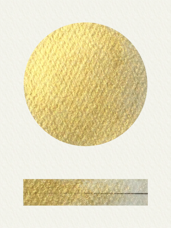 Gold Shimmer watercolour paint by Art scribe. Hand mulled from artist grade pigment. Pale gold metallic swatch.