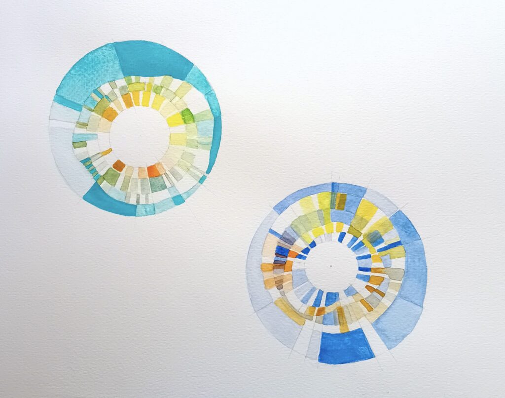Painted on paper are two circular colour swatches. One illustrates the different greens Cobalt Turquoise can mix with certain yellows while the other illustrates the greens of Cobalt Blue Medium